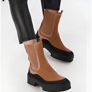 Sam Edelman Lulia Nubuck Lug-Sole Camel Brown/Black Boots Women Sz 8 M NWOT